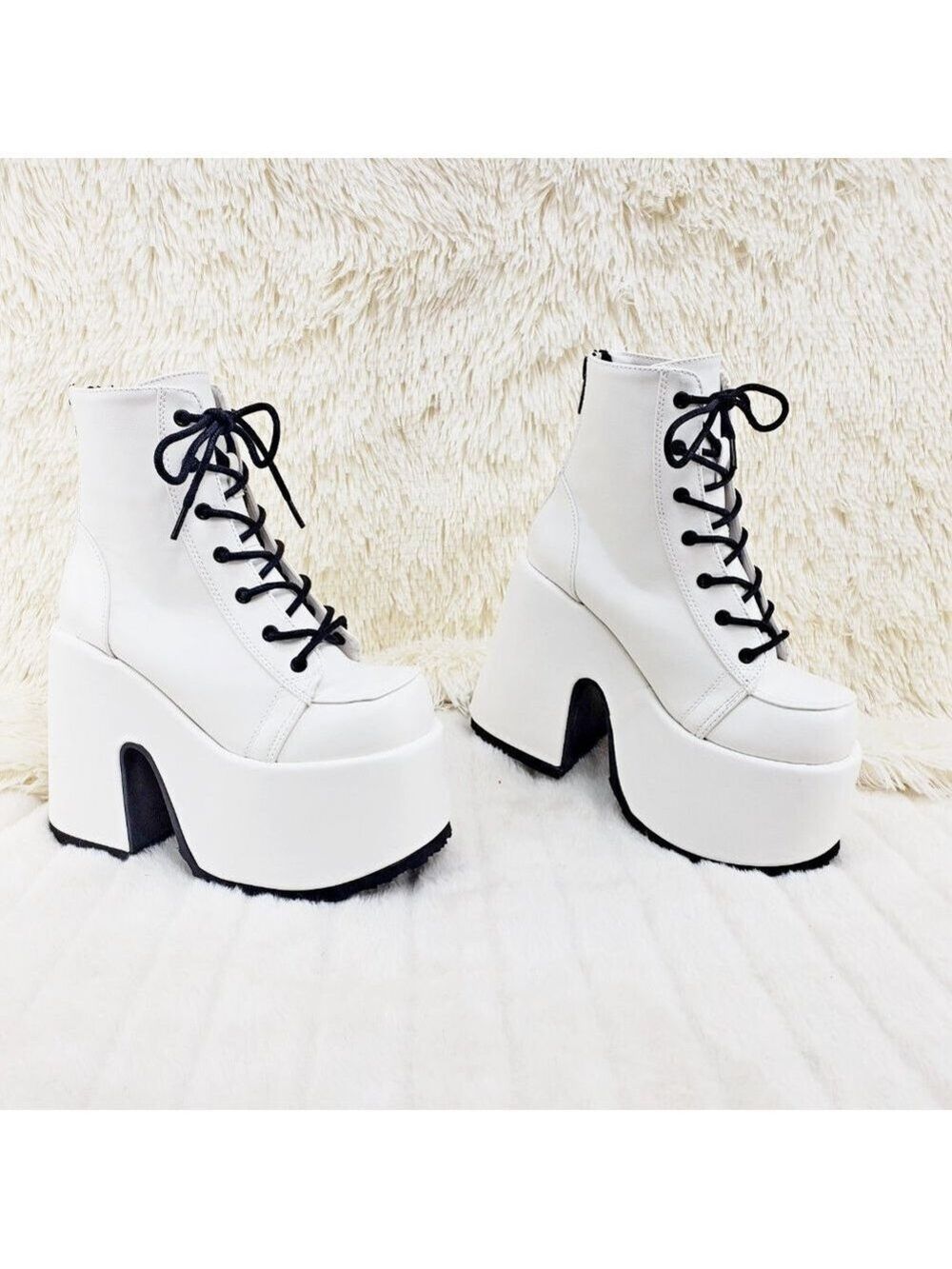 White Matte Chunky Platform Goth Punk Ankle Boots Camel - Picture 13 of 14